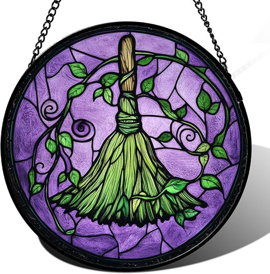 Stained Glass Window Hanging - Halloween Decorations Witch Magic Broom Suncatcher for Doors Garden Indoor Funny Spooky Sun Catchers Gothic Decor Horror Gifts for Women Men Friend 15 in