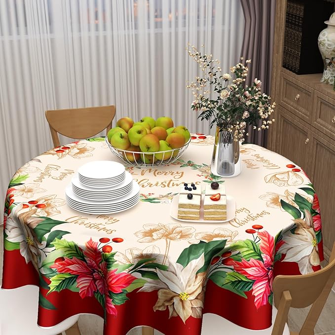 Giwawa Blooming Poinsettia's Merry Christmas Fabric Tablecloth, Christmas Cottage Floral Bordered Print Easy Care, Stain Release Tablecloth, 60 Inch Round