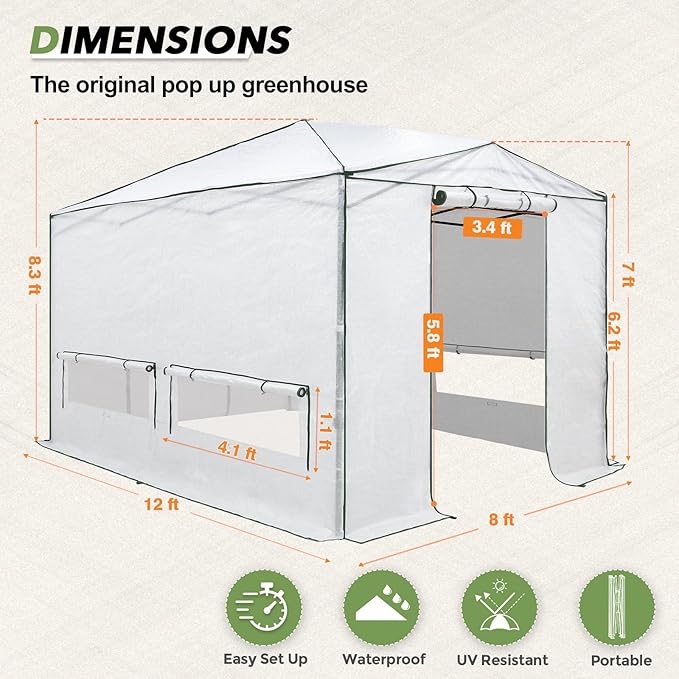 EAGLE PEAK Instant Pop-up Greenhouse, Indoor Outdoor Plant Gardening Green House, Roll-Up Zipper Doors and Side Windows, Heavy Duty Walk in 12x8 ft, Woven PE Cover, White