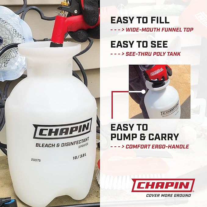 Chapin 20075 Disinfectant Bleach Sprayer, 1 Gallon, Made in The USA, Adjustable Cone Nozzle, Compatible with Bleach Solutions and Fungicides, Translucent White (Pack of 2)