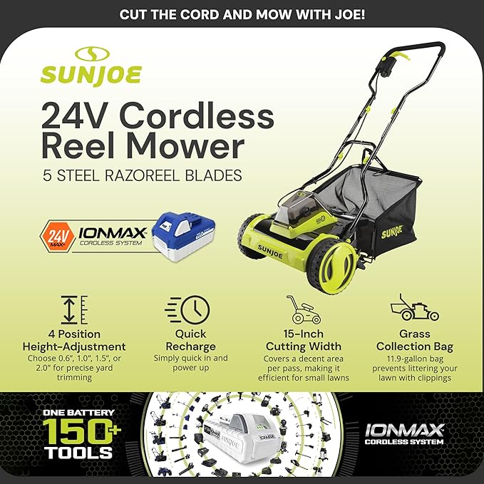 Sun Joe Cordless Push Reel Lawn Mower, 15” Yard Trimmer w/ 11.9-Gal Bag, 24V, Black/Green - Heavy-Duty Gardening Machine and Equipment for Grass, Backyard, Garden, and Patio