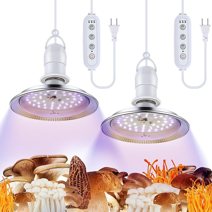 Meonum Mushroom Grow Light with 3/6/9 Hour Timer, 360° LED Hanging Grow Lights Bulb for Mushroom with 6.5ft Extension Cord, 6000K Blue&5000K White Lamp for Indoor Plants Growing Kit Supplies(2 Pack)