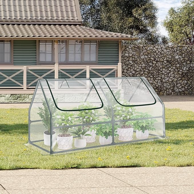 Aoodor 4 x 2 x 2 ft Mini Greenhouse with 2 Zipper Doors, Water Resistant, UV Protected for Flowers, Vegetables and Herbs, Transparent