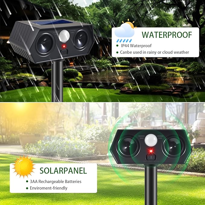 4Pack Solar Ultrasonic Animal Repellent Outdoor Solar Deer Deterrent Devices with PIR Motion Sensor, Ultrasonic Cat Repellent to Scare Squirre Dog Rabbit Raccoon Skunk Armadillos for Yard Lawn