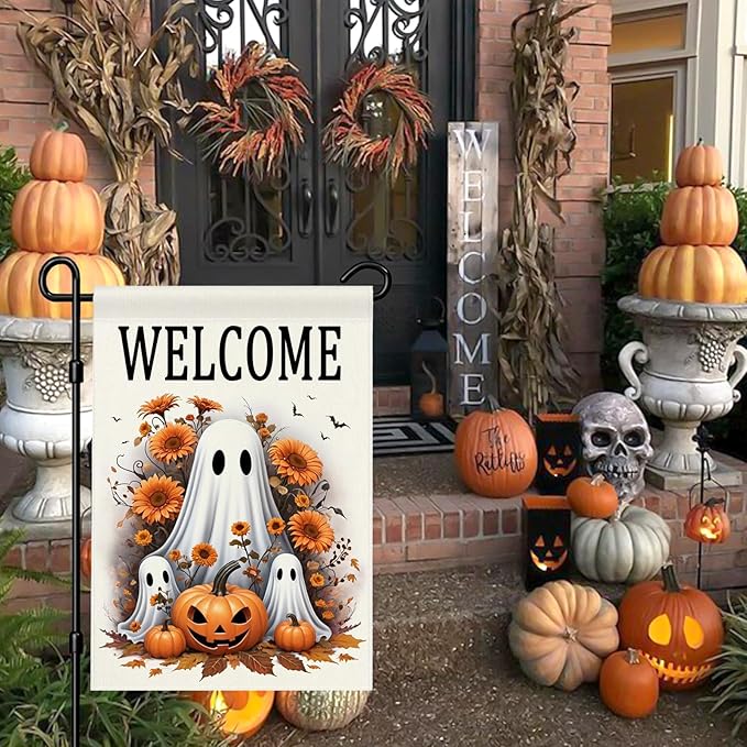 Welcome Halloween Ghost Garden Flag 12x18 Double Sided Outside Pumpkin Fall Holiday Yard Outdoor Decorative Flag