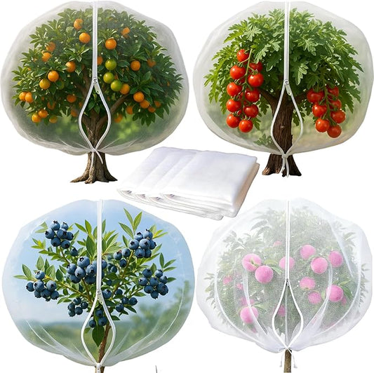 Garden Mesh Netting with Drawstring & Zipper,4PACK 2.3Ft x3.3 FT Mesh Netting Pest Barrier Protection Bird Mosquito Net Plants Cover for Patio Vegetable Plants Fruit Tree