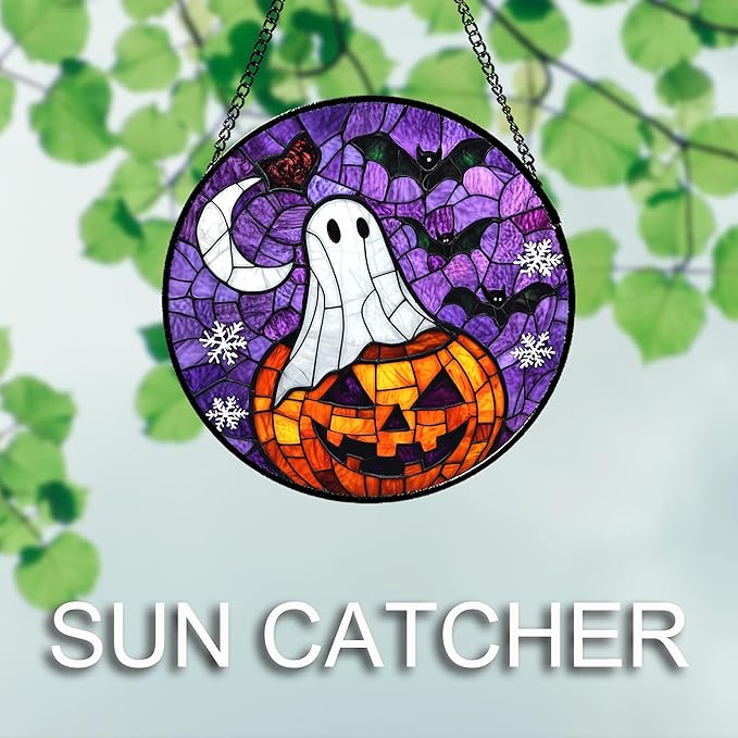 Stained Glass Window Hanging Halloween Horror Pumpkin 9.8" - Suncatcher Door Garden Sunroom Gothic Style Ghost Bat Sun Catcher Birthday for Friend Mom Men Woman Nana