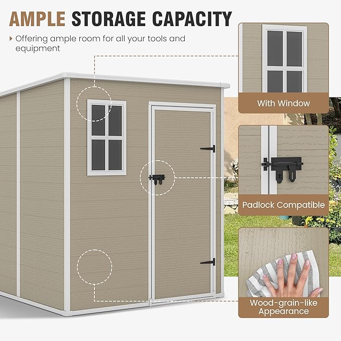 Outdoor Storage Shed, 6x6 FT Resin Shed with Floor and Lockable Door, Window, Vents, Tool Sheds and Outdoor Storage for Bike, Garden Accessories, Tools, Waterproof Light Brown