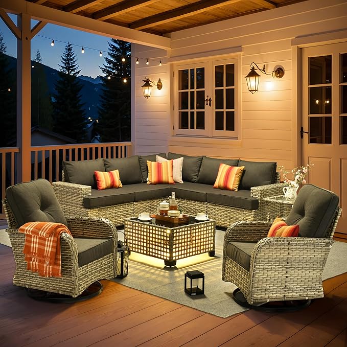 HOOOWOOO Outdoor Sectional Patio Furniture Set,9 Pieces Wicker Conversation Sets L Shaped Couch,Extra Deep Out Door Sofa Outside Furniture with Rocking Chairs,Black