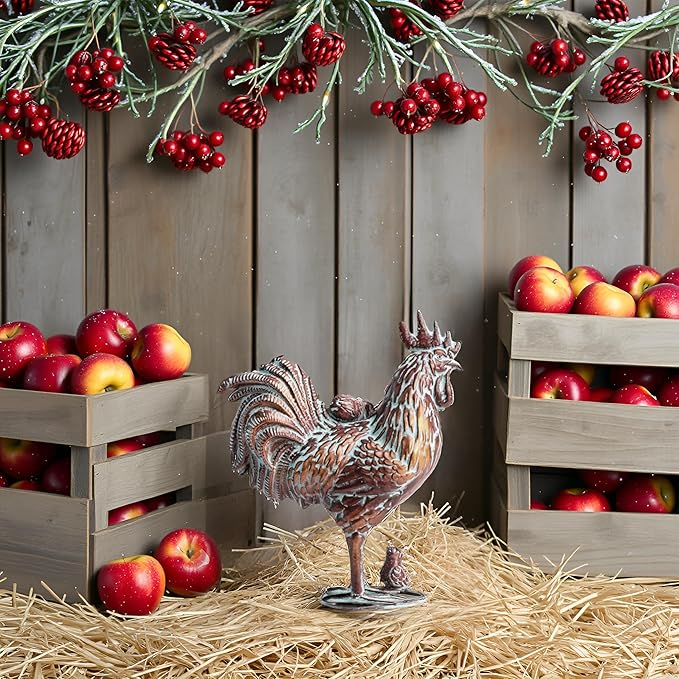 Outdoor Garden Rooster Statue Décor Antique Copper Outdoor Chicken Sculpture Metal Yard Art Figurines Creative Rooster Ornaments for Home Kitchen Patio Farm (Garden Rooster with Chicks Statue)