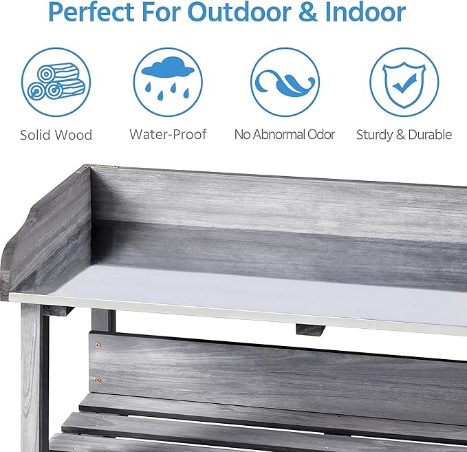 Yaheetech Garden Potting Table Horticulture Potting Bench w/Storage Shelf W/Metal Tabletop w/Hook 3 Shelves Workstation Work Benches Station, Gray