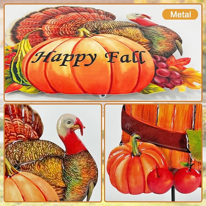 Thanksgiving Turkey Decor,Metal Turkey Stake for Harvest with Pumpkin Sign Outdoor Decoration,Autumn Fall Yard Stakes for Outside