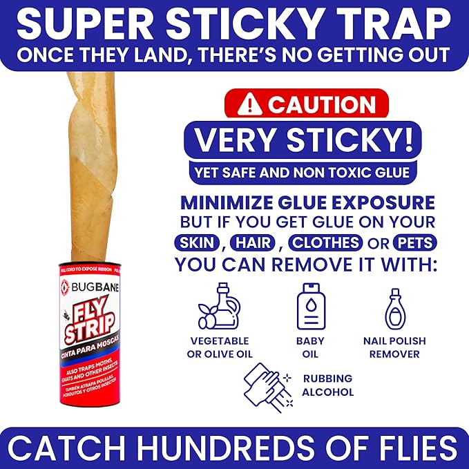 Fly Strips Indoor Sticky Hanging 24pk with Pins. Non Toxic Outdoor Fly Trap Indoor for Home. Flies Tape Paper Trap Ribbon Roll for House Gnat Fruit and Housefly. Bug Catchers for Inside Home Flypaper