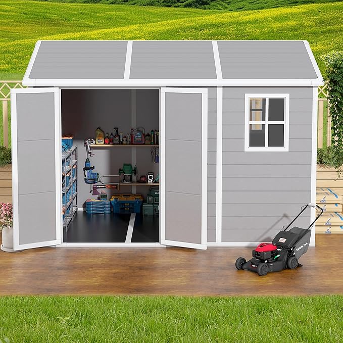 10x8 FT Resin Outdoor Storage Shed with Floor, Weather-Resistant Plastic Garden Shed with Windows, Lockable Door and Vents, Outside Tool Storage Sheds for Backyard, Garden, Patio, Lawn, Grey