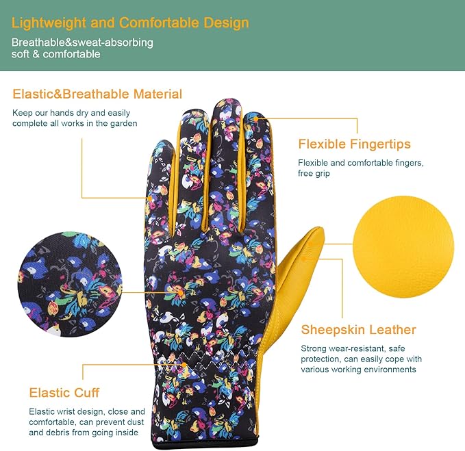 Bamllum Leather Gardening Gloves for Women - Working Gloves for Weeding, Digging, Planting, Raking and Pruning