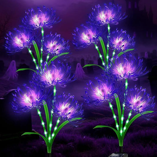 Halloween Solar Lights Outdoor – Purple Spider Lily Flowers,4 Pack 12-Head with Glowing Stems,Waterproof Solar Powered Garden Decor for Yard,Patio,Lawn,Spooky Halloween Decorations & Gifts