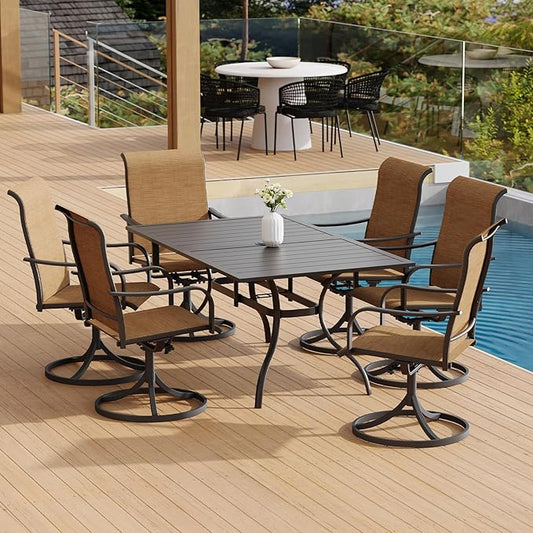 7-Piece Outdoor Dining Set, 6 Swivel Chairs＆63.5‘’ Rectangular Table All Weather Frame Furniture Set - Brown Style2