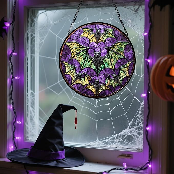 Stained Glass Window Hanging - Halloween Decorations Bats Suncatcher for Doors Garden Indoor Spooky Funny Purple Sun Catchers Gothic Decor Horror Gifts for Women Men Friend 6.3 in