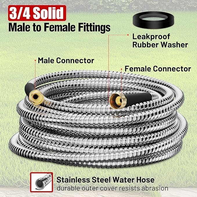 Garden Hose 75 ft, Stainless Steel Metal Water Hose 75 Feet with Nozzle, Flexible, Rust Proof, No-Kink, Heavy Duty, Leakproof 3/4 in Fittings, Lightweight Metal Hose, BT75S Model
