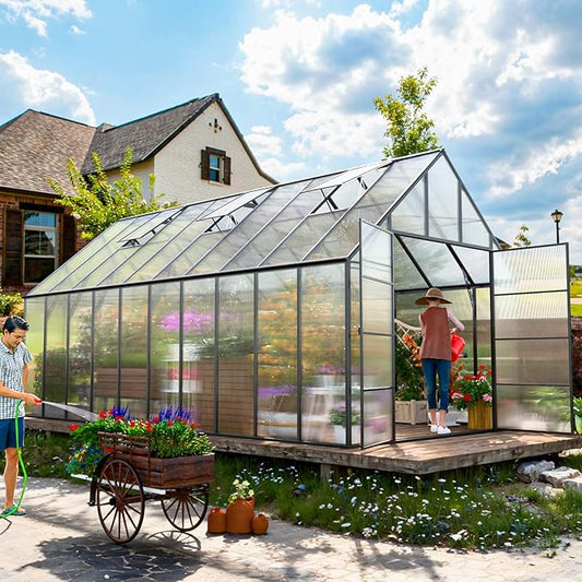10'x10'x20' Snap-Together Greenhouse - Easy 3-Way Connectors, Heavy-Duty Aluminum Frame, Wind/Snow Resistant for Gardening/Urban Farming, Includes Sliding Door & Ventilation Windows