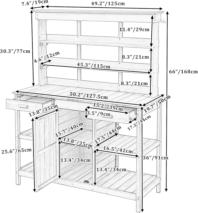 Outdoor Wooden Potting Bench Table – Farmhouse Garden Workstation with Drawers, Cabinet & Storage Shelves, Large Fir Wood Work Table for Patio, Backyard, Mudroom, Greenhouse (Dark Brown, 66'' H)