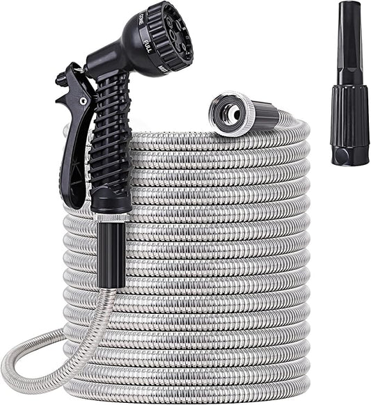 FOXEASE Metal Garden Hose 50 ft - Stainless Steel Water Hose with 2 Nozzles, Lightweight, Tangle Free & Kink Free, Heavy Duty, High Pressure, Flexible, Dog Proof