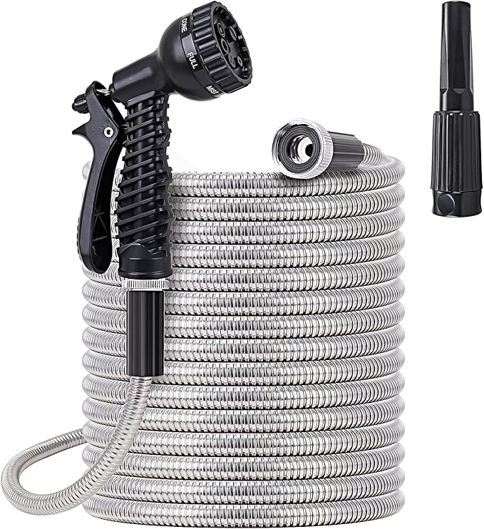 FOXEASE Metal water Hose 25 ft - Stainless Steel Water Hose with 2 Nozzles, Lightweight, Tangle Free & Kink Free, Heavy Duty, High Pressure, Flexible, Dog Proof