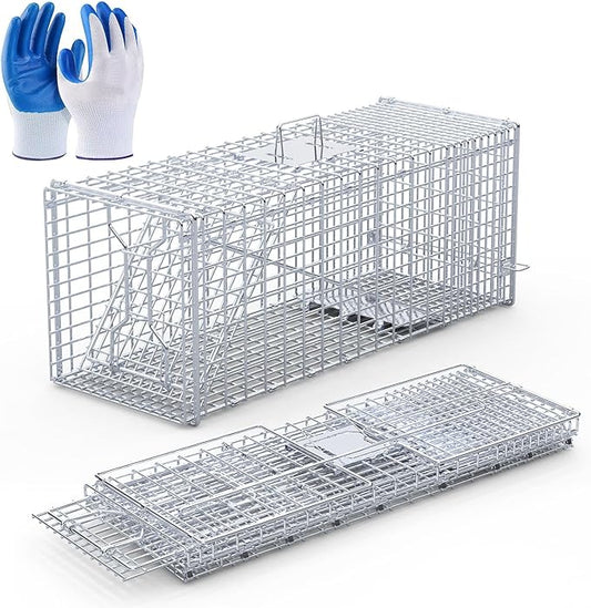 Humane Animal Trap, 37"x14"x15" Foldable Large Live Cage Traps for for Raccoons Beavers Groundhogs Foxes Armadillos and Other Live Animals, Easy to Catch and Release, Work for Indoor Outdoor
