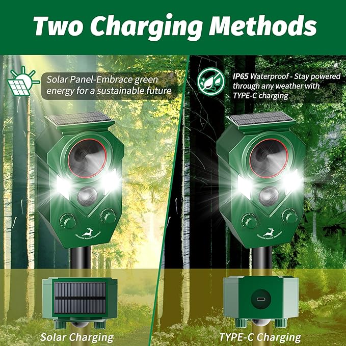 Solar-Powered Ultrasonic Animal Repellent with Motion Sensor, Waterproof Deer Repellent Device with LED Flashing Lights, Perfect for Outdoor Yards, Effective to Repel Deer, Coyotes, Raccoons, and Cats