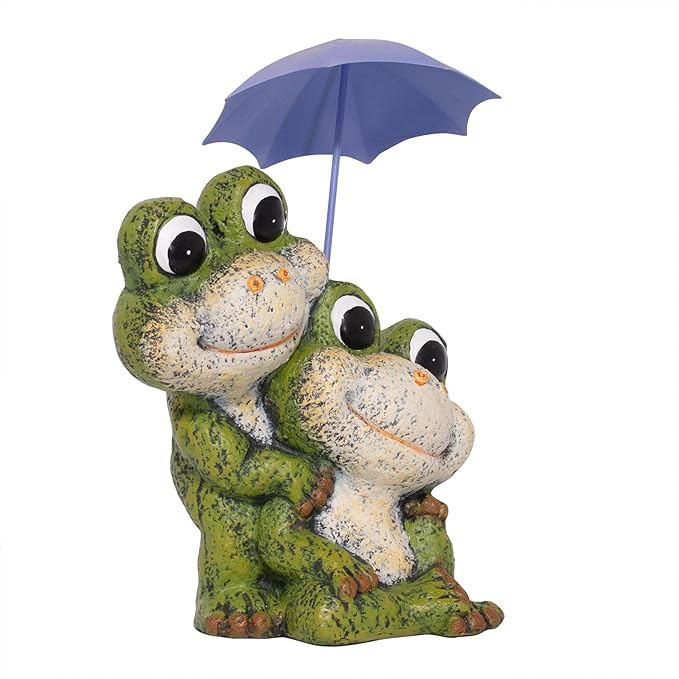 Alpine Corporation QWR1008HH Frog Duo with Purple Umbrella Statue, Playful Statuary Decor for Garden, Patio, & Lawn, 11" H