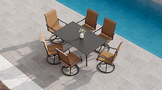 7-Piece Outdoor Dining Set, 6 Swivel Chairs & 63'' Rectangular Dining Table with All Weather Frame Furniture Set - Brown Style1