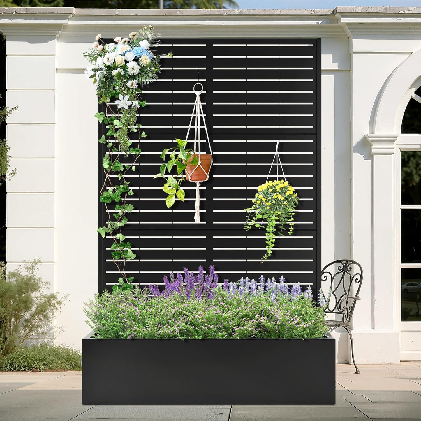 Metal Planter Box with Trellis, Heavy-Duty Raised Garden Bed for Climbing Plants, Drainage Hole, Outdoor Planter Box with Privacy Screen，47''L×16''W×71''H