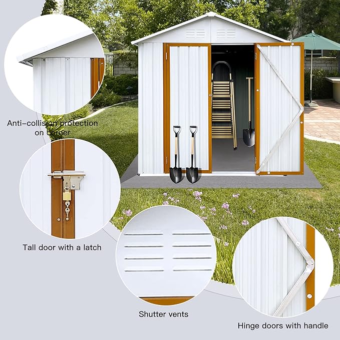 4x6 FT Outdoor Metal Storage Sheds with Apex Roof,Single-Storey Waterproof Roofed Structure Garden Shed w/Lockable Doors,for Lawn Equipment Tool Sundries,White+Yellow