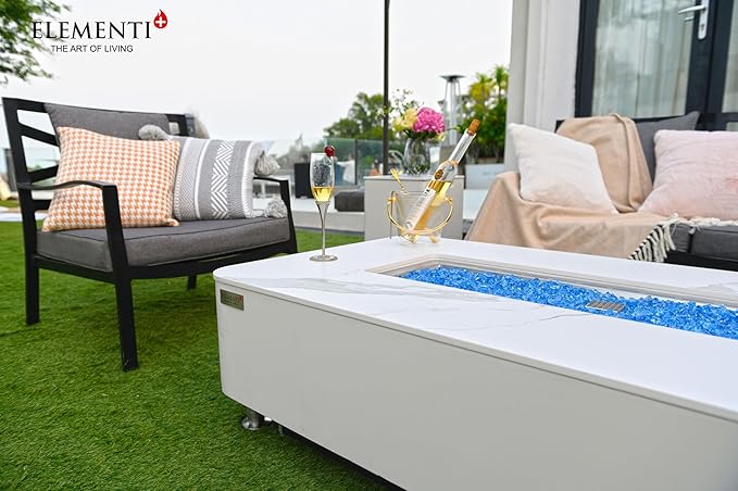 Elementi+ | Athens Gas Fire Pit | Cast Concrete Body & Marble Porcelain Top | 62" Rectangular Fire Table | Electronic Ignition | Canvas Cover, Fire Glass & Burner Lid Included | White | Propane Gas