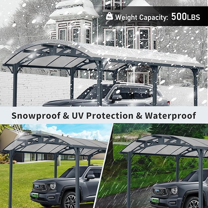 KEIKI 12x16x8 FT Aluminum Metal Outdoor Carport with Polycarbonate Roof,Heavy Duty Vehicle Shed Canopy for Car,Truck and Boats