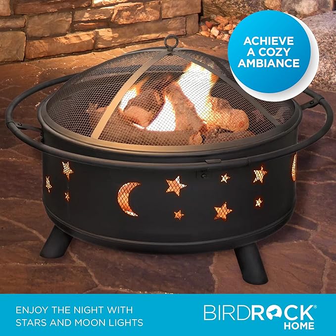 BIRDROCK HOME 30″ Round Wood-Burning Fire Pit – Portable Outdoor Patio & Garden Fire Bowl with Stars & Moon Cut-Outs, Spark Screen, Built-in Grate, 4 Roasting Sticks & Fire Poker - Black