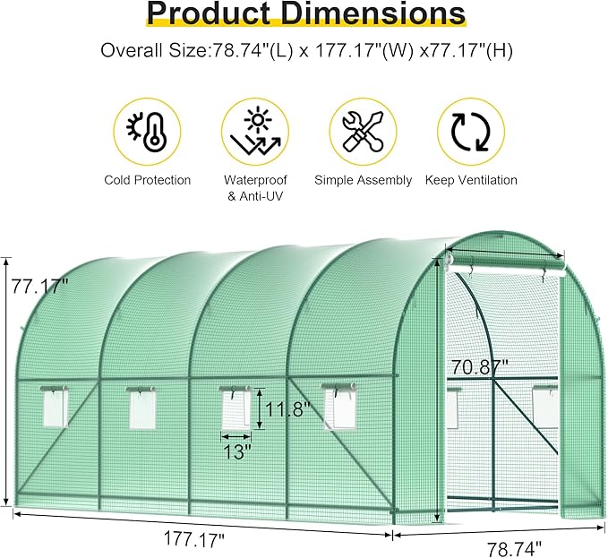 Greenhouse, 15’x7’x7’ Upgraded Walk-in Greenhouse with Spraying System, Heavy Duty Tunnel Green House with 6 Ventilated Mesh Windows & Zippered Roll-up Door, Large Plant Garden Hot House Outdoor