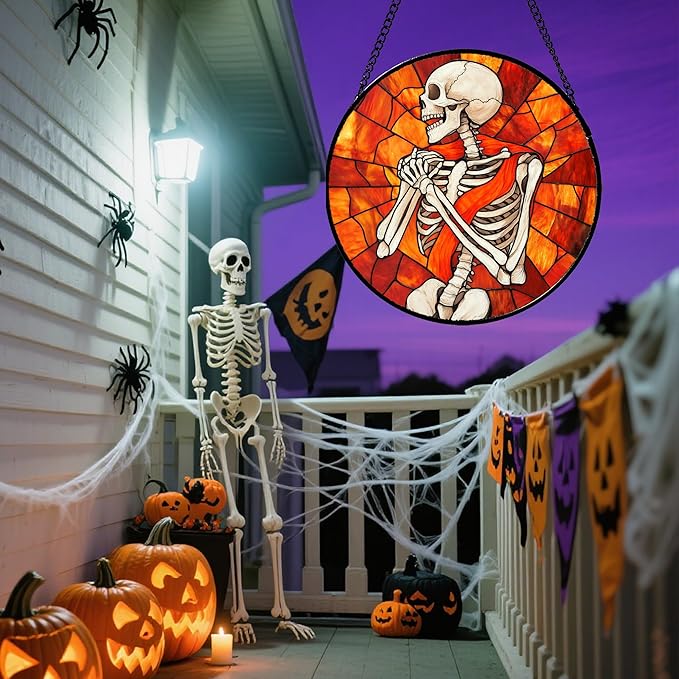 Stained Glass Window Hanging - Halloween Decorations Fear Skeleton Suncatcher for Doors Garden Indoor Spooky Funny Sun Catchers Gothic Decor Horror Gifts for Women Men Friend 6.3 in