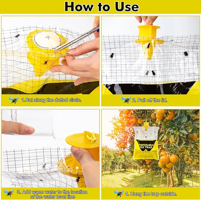 Glovv 2 Pack 10.8 * 12.6 Inch Big Fly Trap for Patio, Bags Outdoor Disposable, Hanging Flies Catcher with Bait, Ranch Repellent Hunter Killer Stable Horse Control for Barn, Farm, Bugs