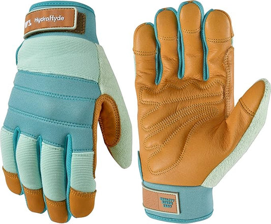 Wells Lamont Women's HydraHyde Leather Hybrid Gloves – Water-Resistant, Durable Cowhide Palm, Spandex Stretch Back – Ideal Landscaping/Farming/Gardening Gloves – Adjustable Wrist – Small, Blue (3250S)