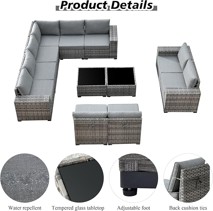 HOOOWOOO 12 Piece Modular Patio Outdoor Sectional Furniture Sofa Set,Wicker Conversation Set,Out Door Couch Set with Wide Arm for Outside All Weather(Dark Grey)