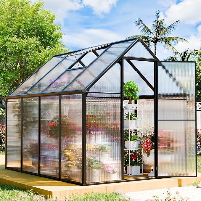 Polycarbonate Greenhouse Kit,8x6x6 FT Outsides Heavy Duty Green House with Transparent Panels Windows Door for Backyard Garden, Outside Walk in Plant Greenhouses,Black Thick Frame