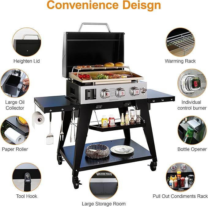 Brand-Man 3-Burner Portable Propane Gas Griddle with Lid - 28,000 BTU Flattop Griddle Grill, 504 Sq. In., Folding Side Tables, Rolling Cart for Outdoor BBQ, Camping, Patio