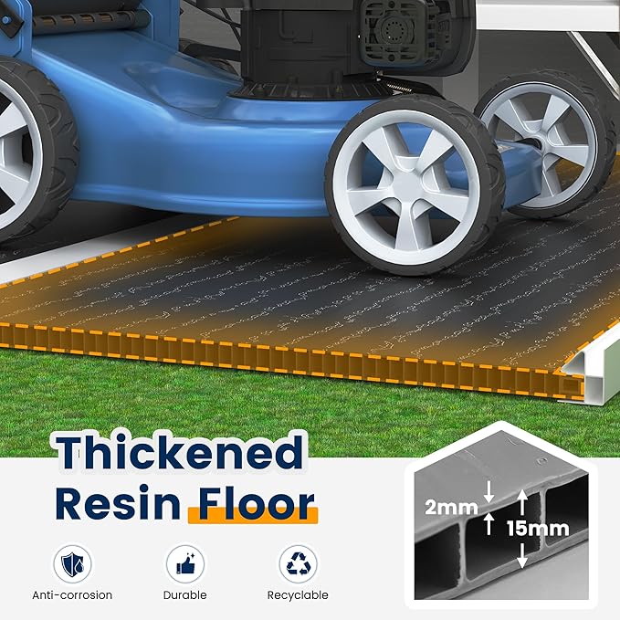 UDPATIO Storage Shed 8 x 10 FT, Resin Outdoor Garden Sheds with Floor Plastic Patio Outdoor Storage with Lockable Door for Tool, Bike, Garbage Gray White