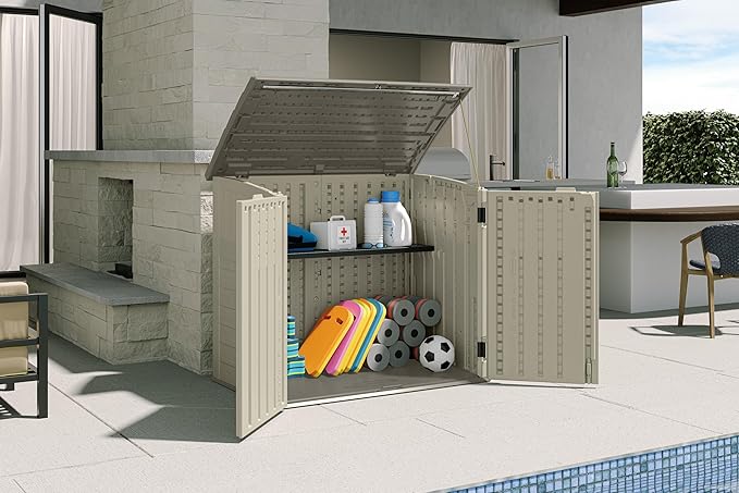 Suncast 34 Cu Ft Capacity Horizontal Outdoor Storage Shed for Garbage Cans, Garden Accessories, Backyard, and Patio Use, Vanilla