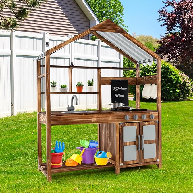 HONEY JOY Mud Kitchen with Canopy, Fir Wood Play Kitchen for Toddlers, Garden Sink, Stoves, Chalkboard, Storage Cabinet, Flowerpot, Outside Kitchen Playset, Mud Kitchen for Kids Outdoor Backyard