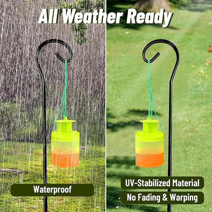 4 Pack Reusable Outdoor Fly Trap with Shepherd Hooks, Non-Toxic Bait for Farm, Garden, Patio. Hanging Flies Killer Catcher, Outside Weather Resistant Bug Control
