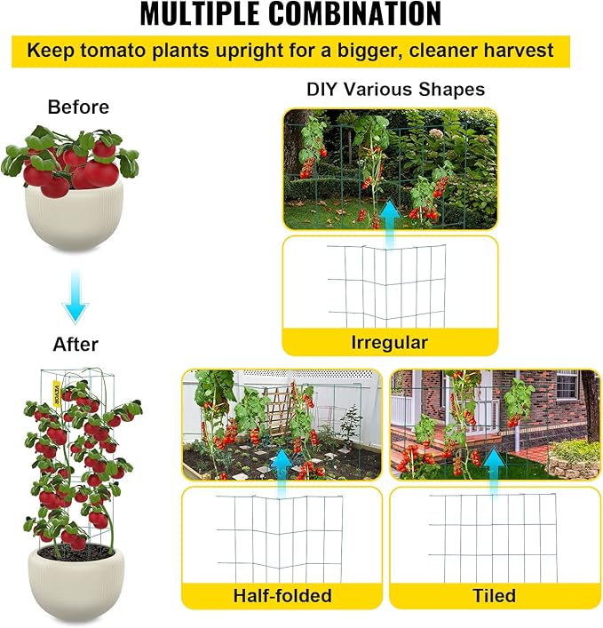 VEVOR Tomato Cages, 11.8" x 11.8" x 46.1", 10 Packs Square Plant Support Cages, Green PVC-Coated Steel Tomato Towers for Climbing Vegetables, Plants, Flowers, Fruits