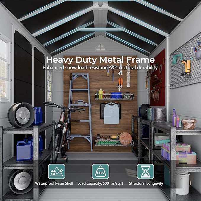 CDCASA 8x6 FT Resin Storage Shed, Waterproof Large Outdoor Sheds with Floor Included & Adjustable Openable Windows, Outside Plastic Tool Shed for Backyard Patio Poolside Garden, Dove Grey