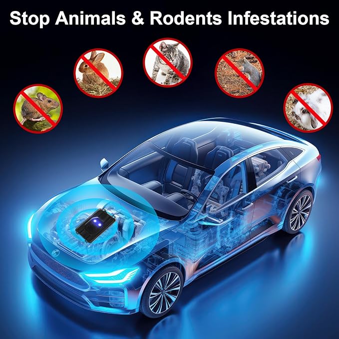 Qualirey 9 Pcs Under Hood Rodent Car Repeller Battery Operated Ultra Sonic Rat Rodent Electronic Repellent with Strobe Light Pest Car Prevention Keep Animal Mice Out of Engines Garage